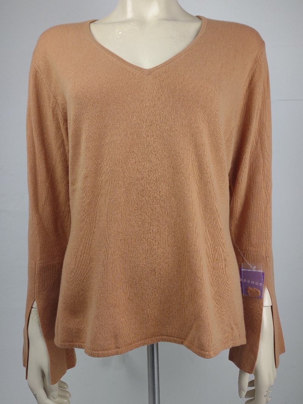NWT Suzanne Somers light brown tan 100% Cashmere V-Neck sweater ladies Large